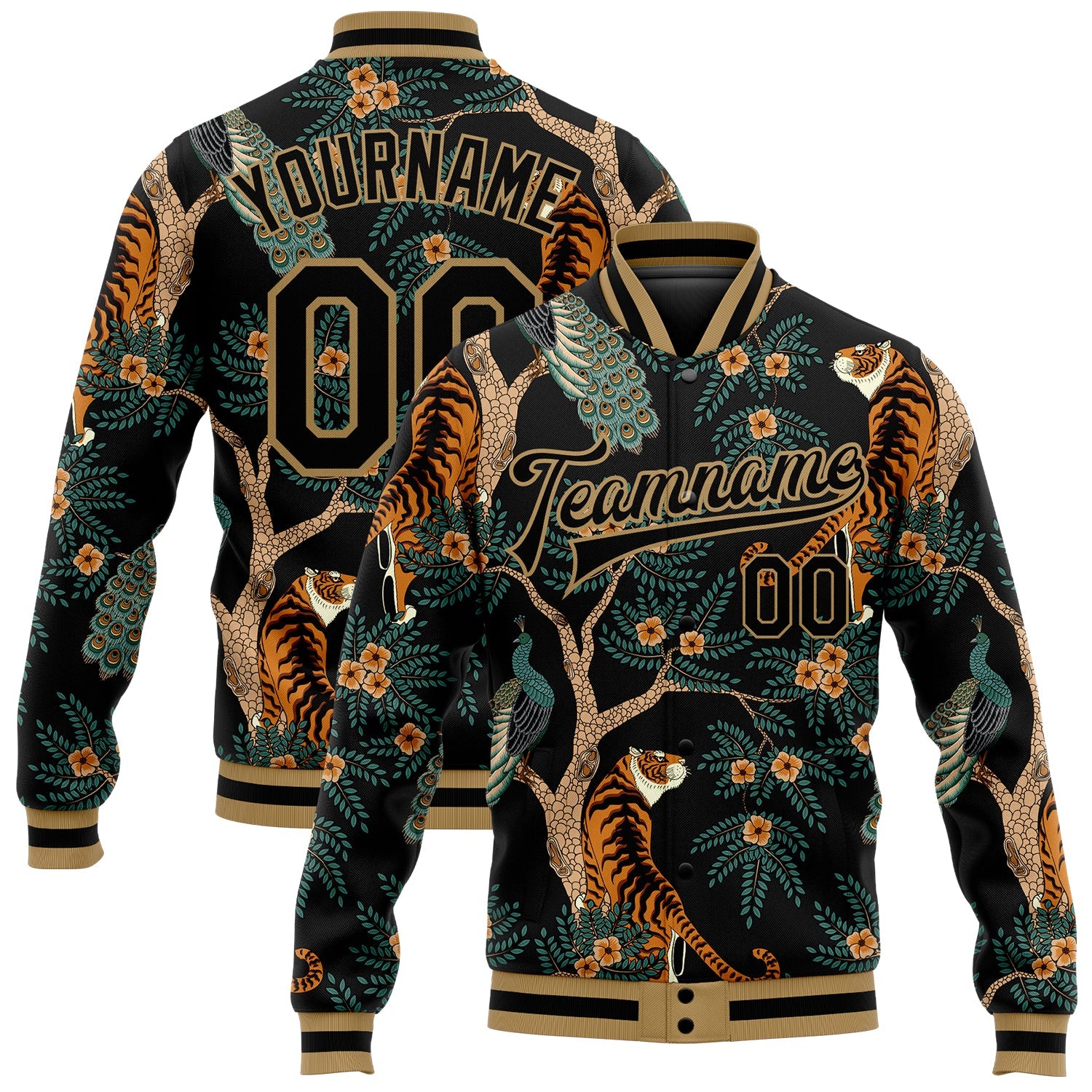 Custom Black Black-Old Gold Tiger And Peacock 3D Pattern Design Bomber Full-Snap Varsity Letterman Jacket - Main View