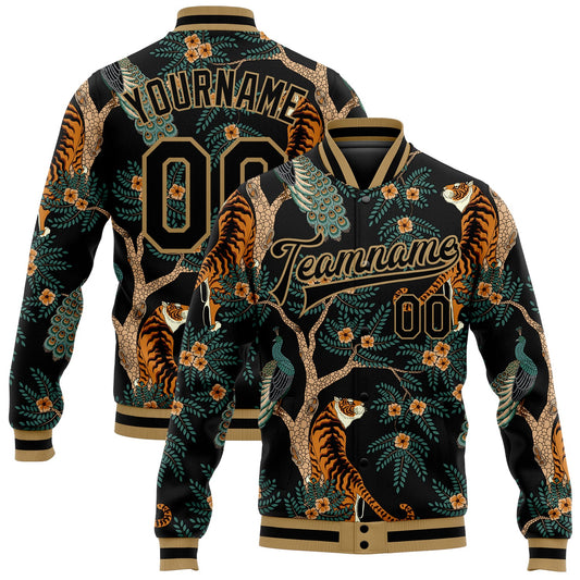 Custom Black Black-Old Gold Tiger And Peacock 3D Pattern Design Bomber Full-Snap Varsity Letterman Jacket - Main View