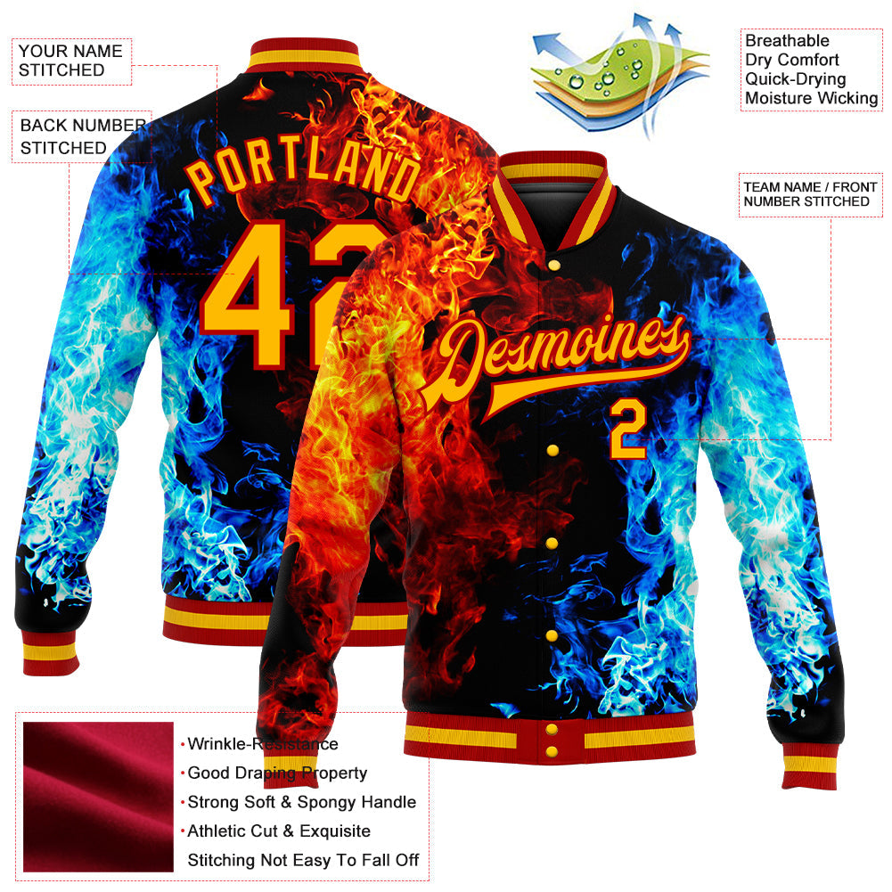 Custom Black Gold Red-Royal Flame 3D Pattern Design Bomber Full-Snap Varsity Letterman Jacket view 5