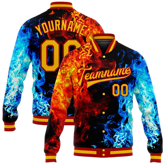 Custom Black Gold Red-Royal Flame 3D Pattern Design Bomber Full-Snap Varsity Letterman Jacket - Main View