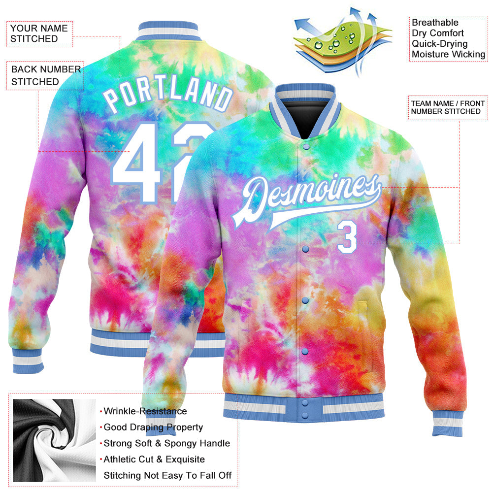Custom Tie Dye White-Light Blue Rainbow 3D Bomber Full-Snap Varsity Letterman Jacket view 5