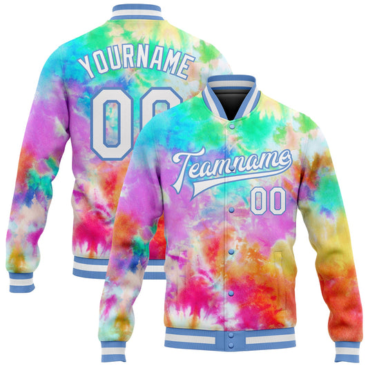 Custom Tie Dye White-Light Blue Rainbow 3D Bomber Full-Snap Varsity Letterman Jacket - Main View