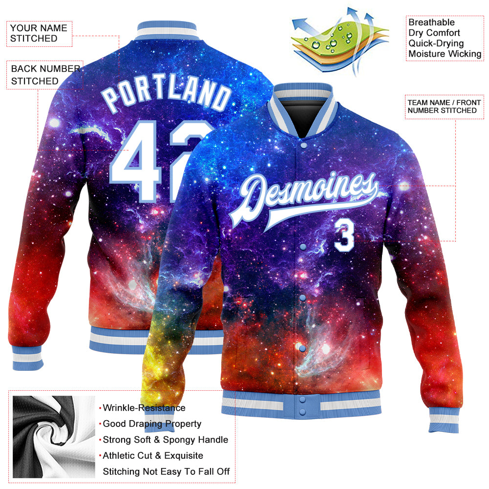 Custom Galactic White-Light Blue 3D Bomber Full-Snap Varsity Letterman Jacket view 5