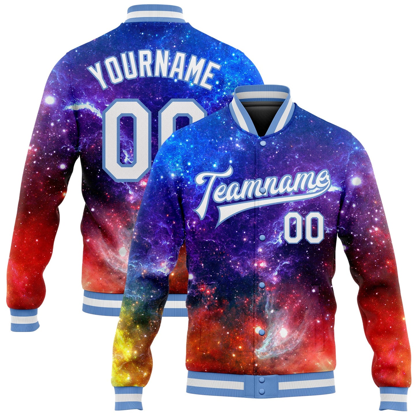 Custom Galactic White-Light Blue 3D Bomber Full-Snap Varsity Letterman Jacket - Main View