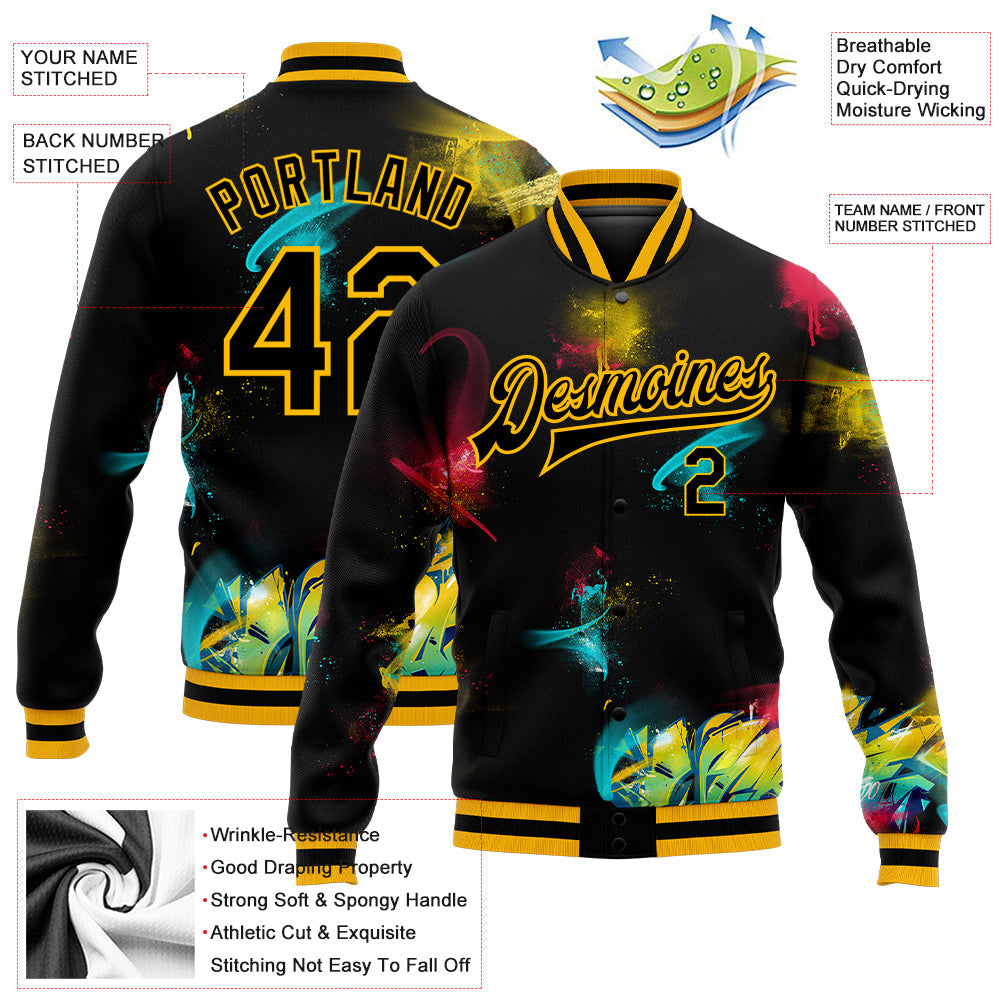 Custom Graffiti Pattern Black-Gold 3D Bomber Full-Snap Varsity Letterman Jacket view 5