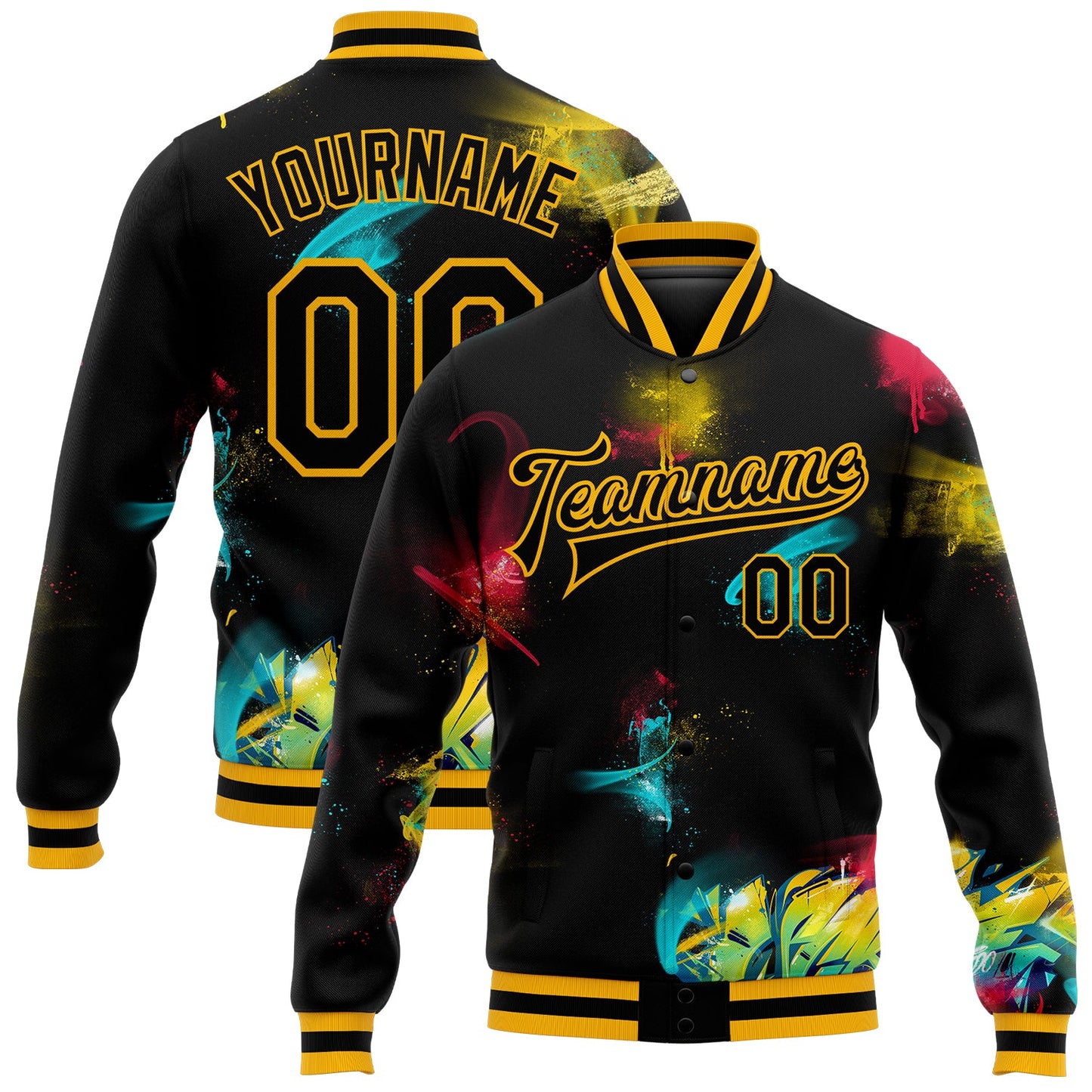 Custom Graffiti Pattern Black-Gold 3D Bomber Full-Snap Varsity Letterman Jacket - Main View