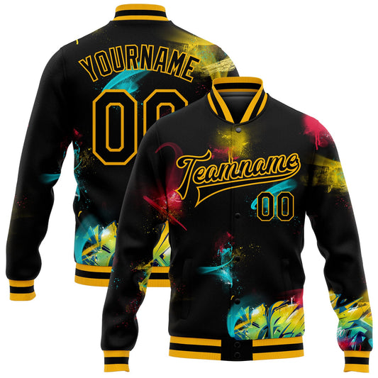Custom Graffiti Pattern Black-Gold 3D Bomber Full-Snap Varsity Letterman Jacket - Main View