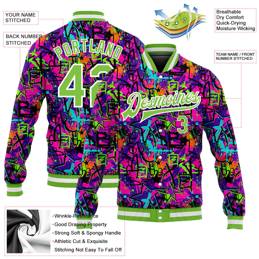 Custom Graffiti Pattern Neon Green-White 3D Bomber Full-Snap Varsity Letterman Jacket view 5