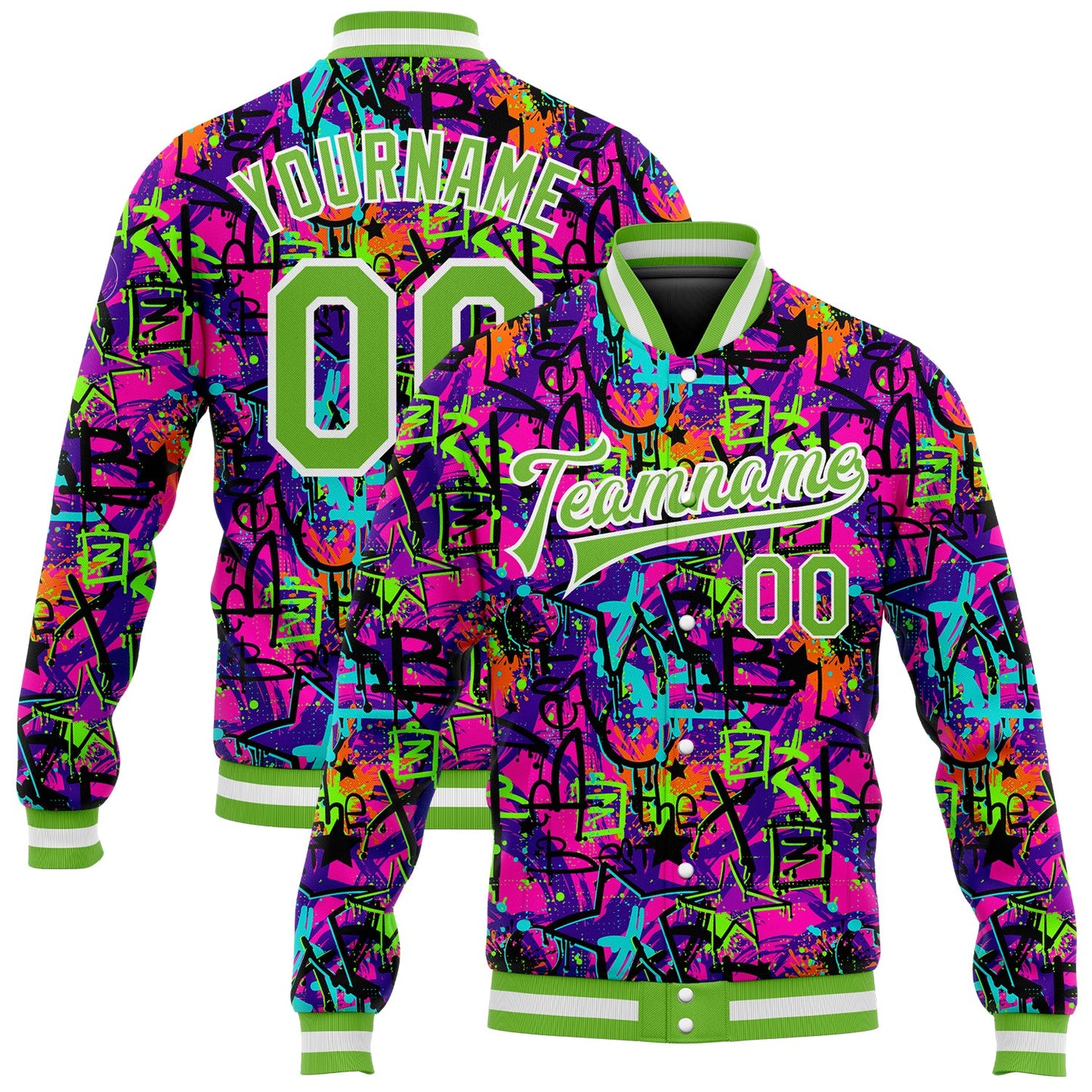 Custom Graffiti Pattern Neon Green-White 3D Bomber Full-Snap Varsity Letterman Jacket - Main View