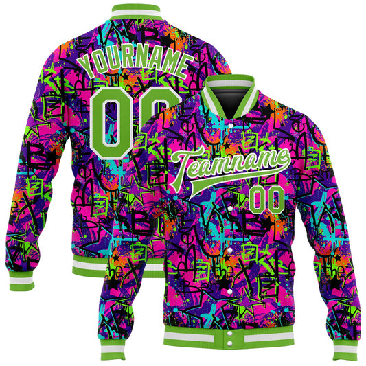 Custom Graffiti Pattern Neon Green-White 3D Bomber Full-Snap Varsity Letterman Jacket - Main View