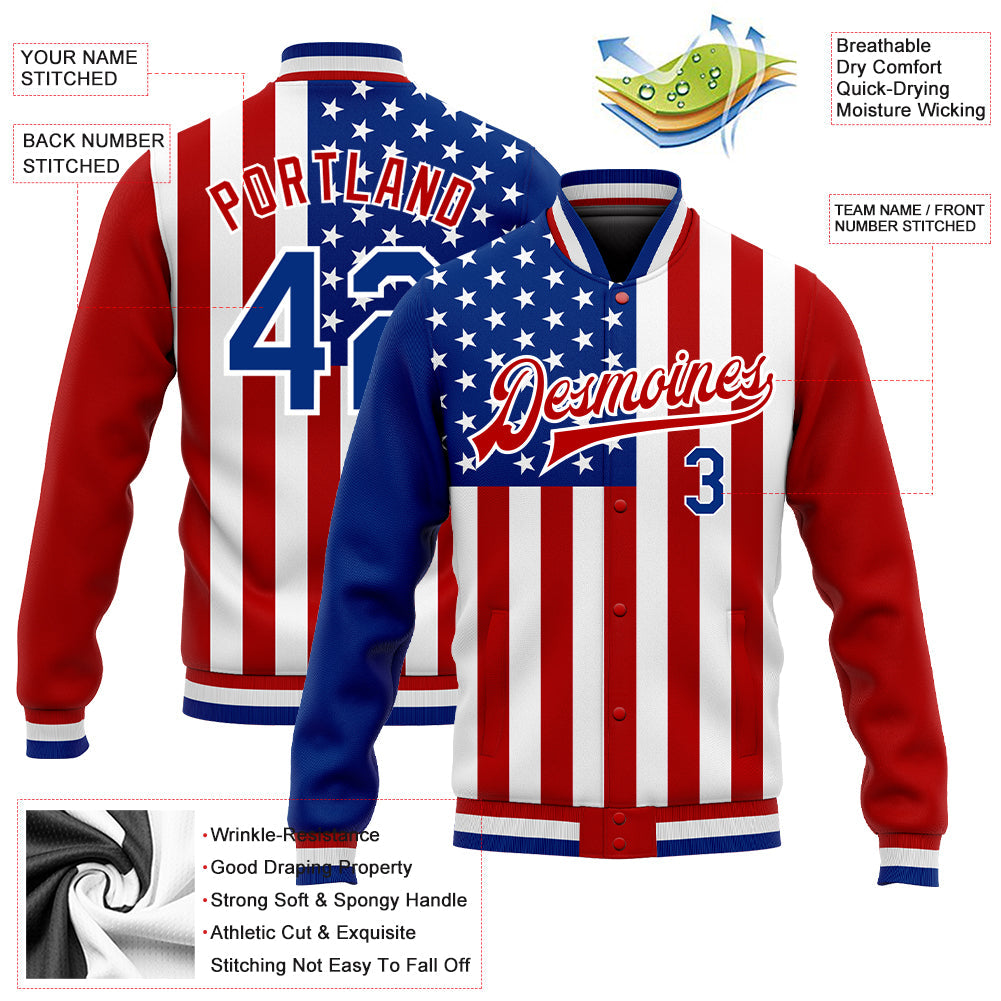 Custom White Royal-Red American Flag Fashion 3D Bomber Full-Snap Varsity Letterman Jacket view 5