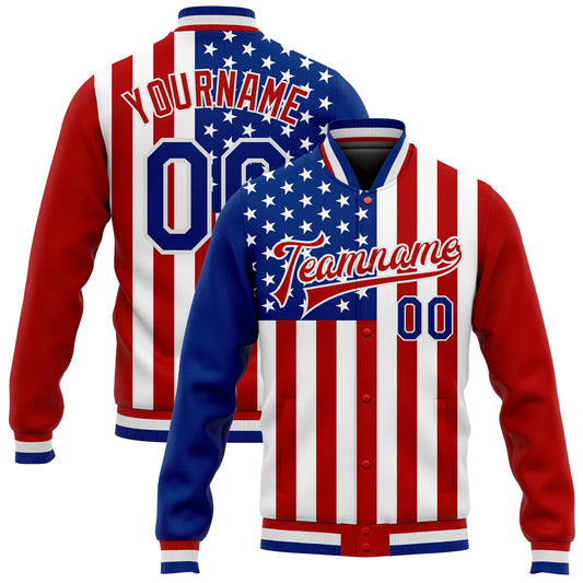 Custom White Royal-Red American Flag Fashion 3D Bomber Full-Snap Varsity Letterman Jacket - Main View