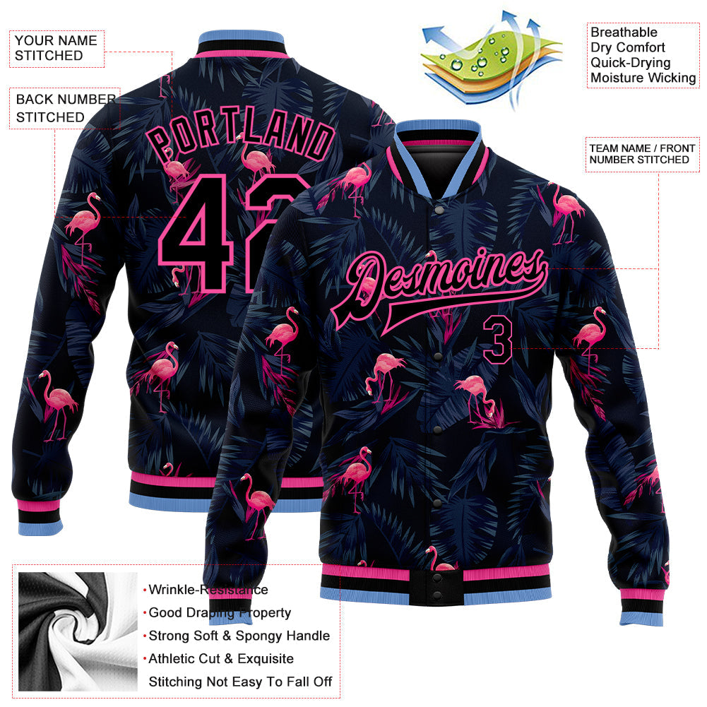 Custom Black Black Pink-Light Blue Hawaii Palm Trees And Flamingo 3D Bomber Full-Snap Varsity Letterman Jacket view 5