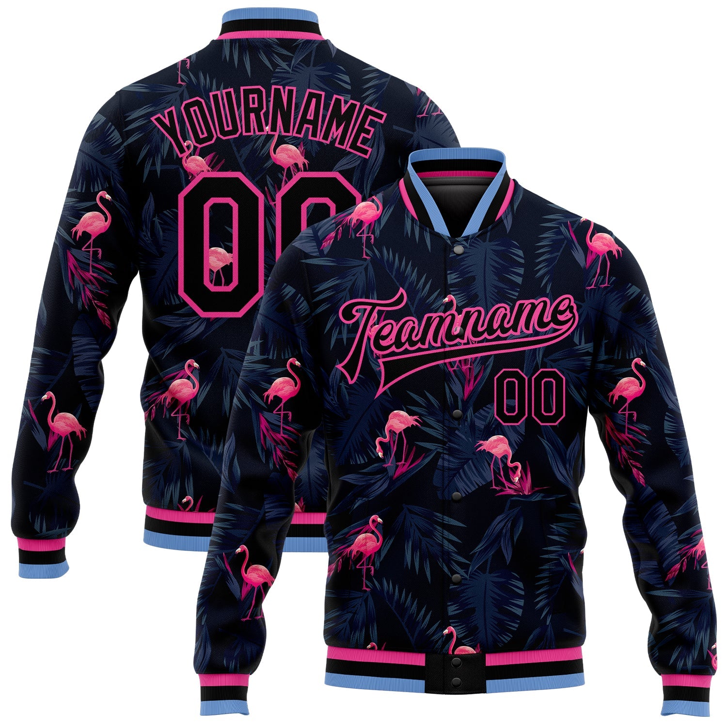 Custom Black Black Pink-Light Blue Hawaii Palm Trees And Flamingo 3D Bomber Full-Snap Varsity Letterman Jacket - Main View