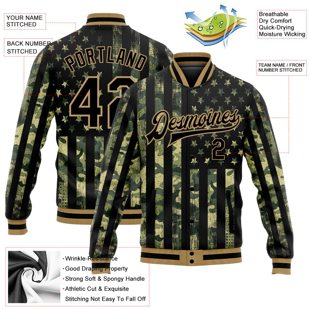 Custom Camo Black-Old Gold American Flag Fashion 3D Bomber Full-Snap Varsity Letterman Salute To Service Jacket view 5