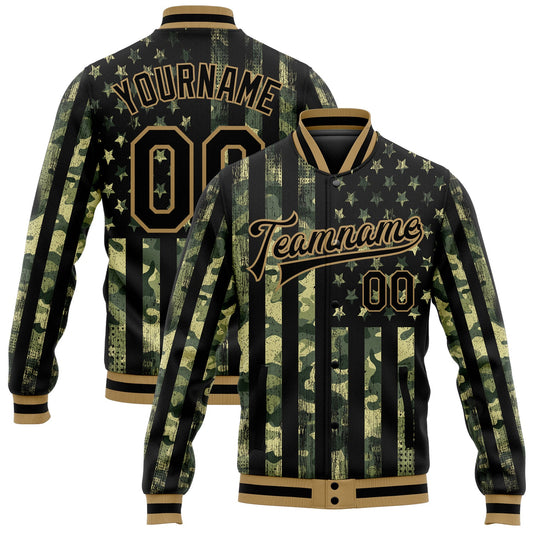 Custom Camo Black-Old Gold American Flag Fashion 3D Bomber Full-Snap Varsity Letterman Salute To Service Jacket - Main View