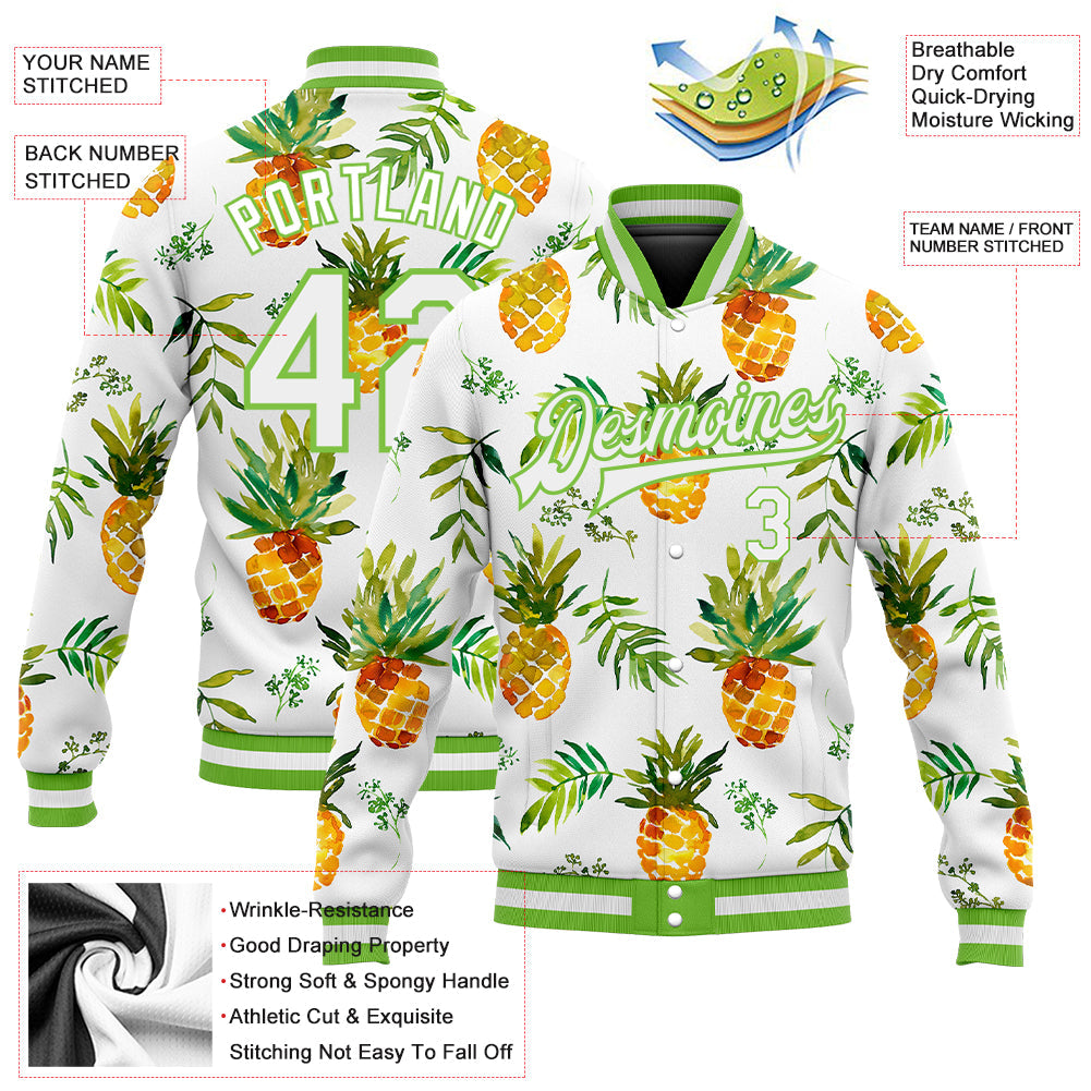 Custom White White-Neon Green Pineapples 3D Pattern Design Bomber Full-Snap Varsity Letterman Jacket view 5
