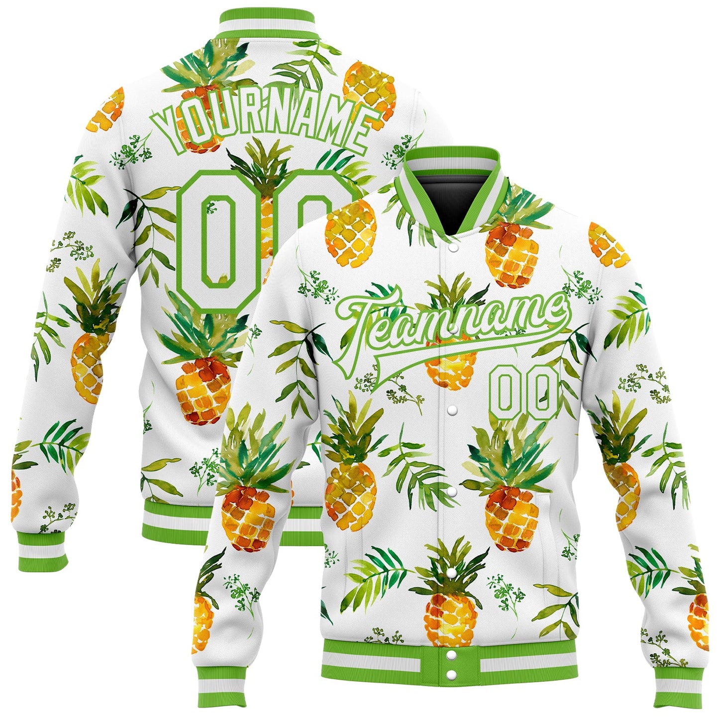 Custom White White-Neon Green Pineapples 3D Pattern Design Bomber Full-Snap Varsity Letterman Jacket - Main View