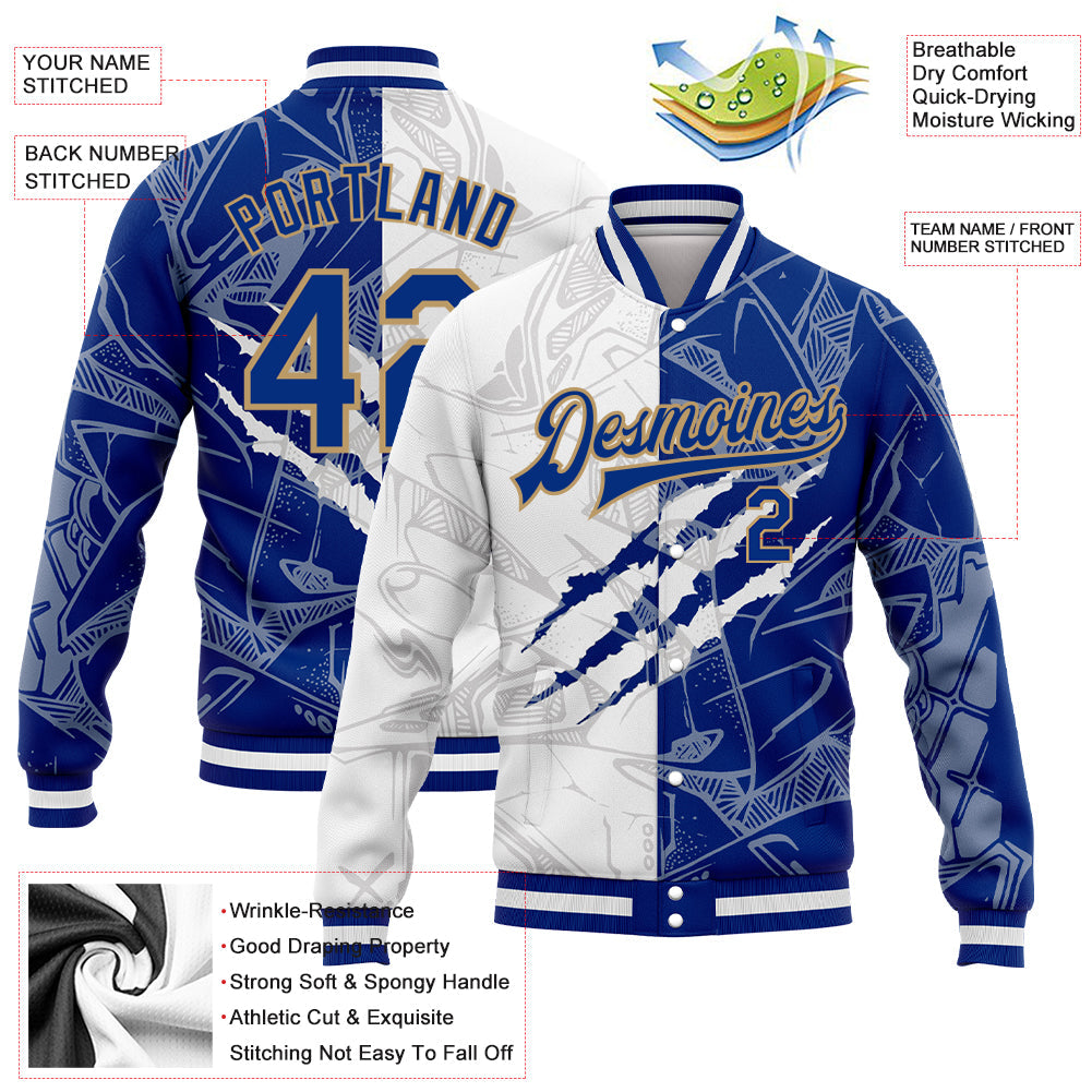 Custom Graffiti Pattern Royal-Old Gold Scratch 3D Bomber Full-Snap Varsity Letterman Jacket view 5