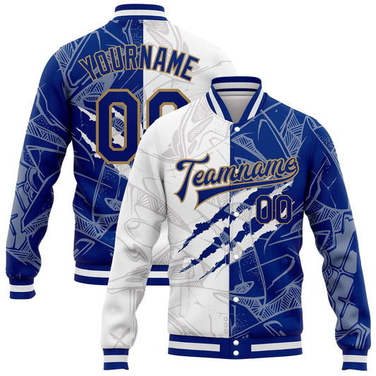 Custom Graffiti Pattern Royal-Old Gold Scratch 3D Bomber Full-Snap Varsity Letterman Jacket - Main View