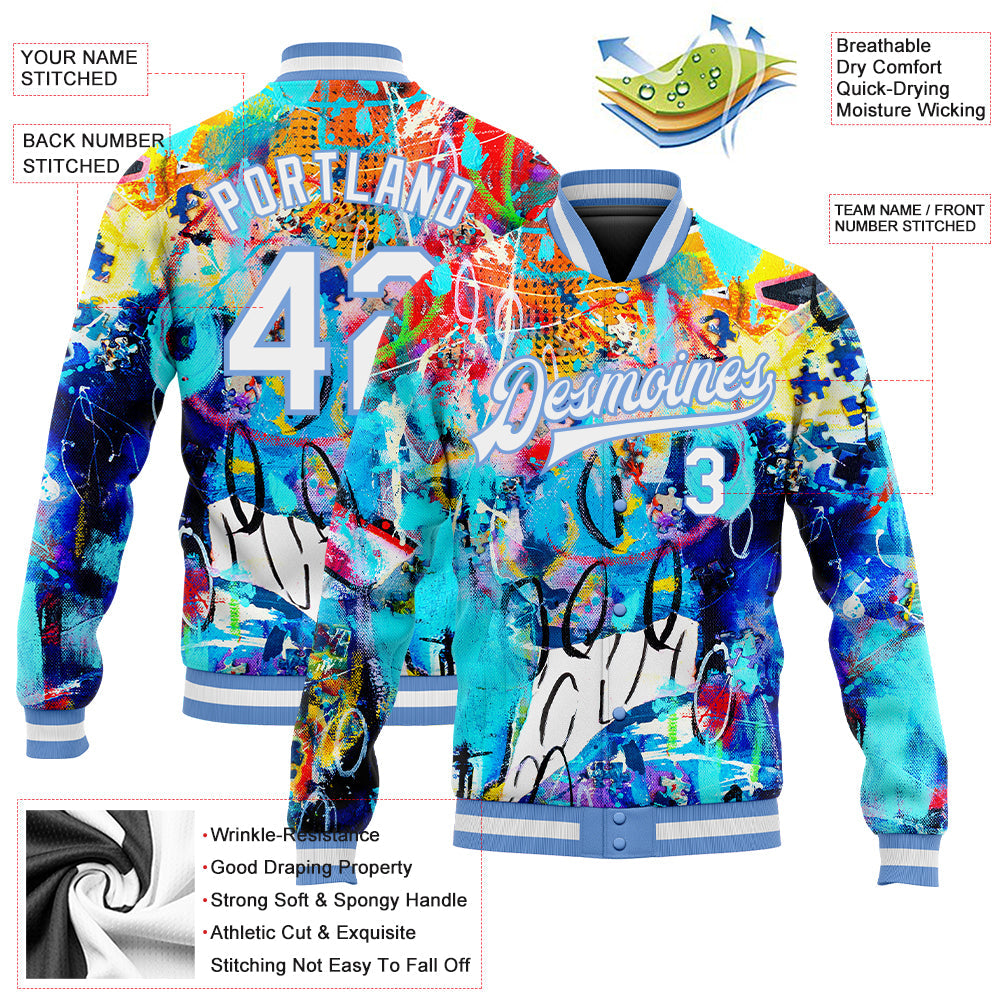 Custom Graffiti Pattern White-Light Blue Abstract 3D Bomber Full-Snap Varsity Letterman Jacket view 5