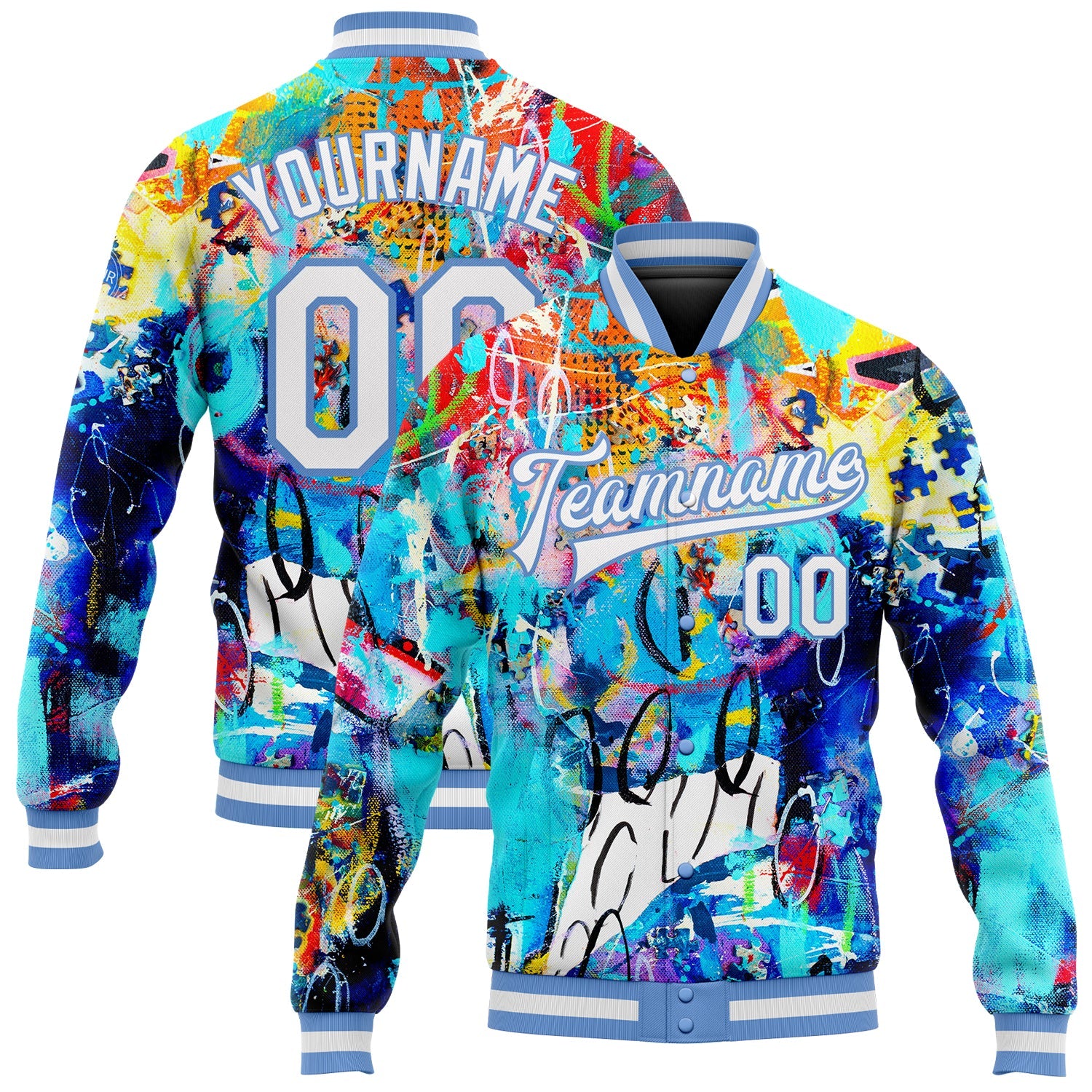 Custom Graffiti Pattern White-Light Blue Abstract 3D Bomber Full-Snap Varsity Letterman Jacket - Main View