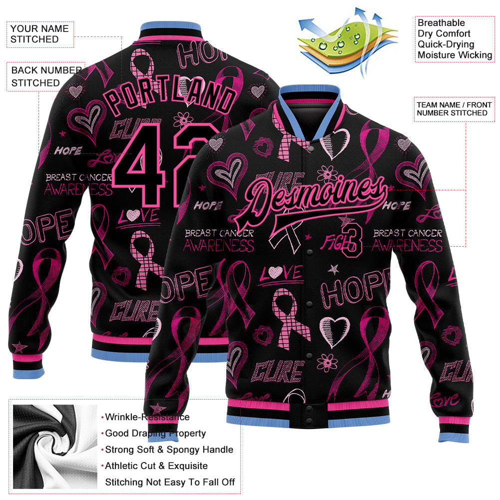 Custom Black Black Pink-Light Blue Pink Ribbon Breast Cancer Awareness 3D Pattern Design Bomber Full-Snap Varsity Letterman Jacket view 5