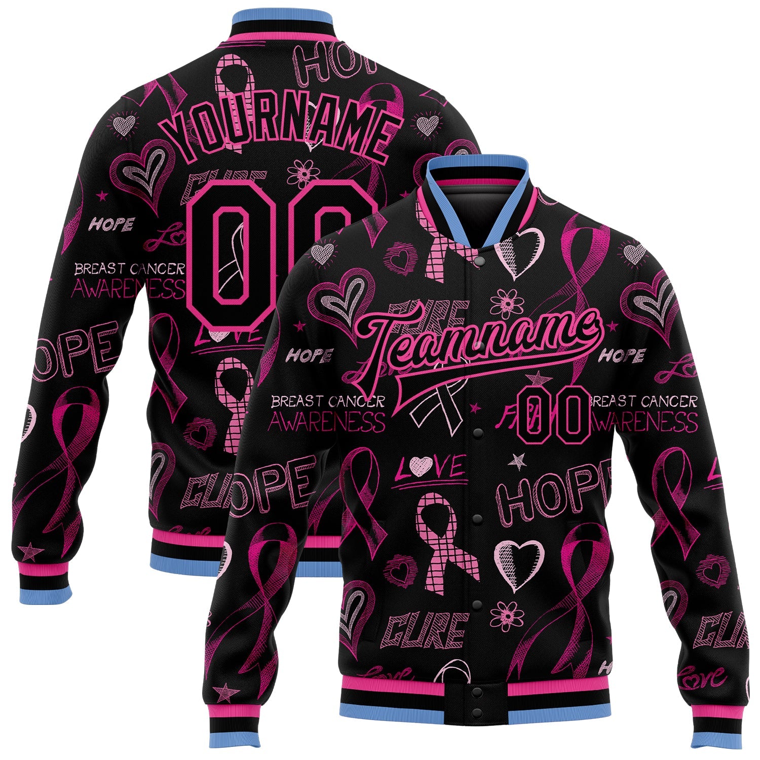 Custom Black Black Pink-Light Blue Pink Ribbon Breast Cancer Awareness 3D Pattern Design Bomber Full-Snap Varsity Letterman Jacket - Main View