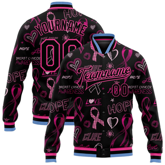Custom Black Black Pink-Light Blue Pink Ribbon Breast Cancer Awareness 3D Pattern Design Bomber Full-Snap Varsity Letterman Jacket - Main View