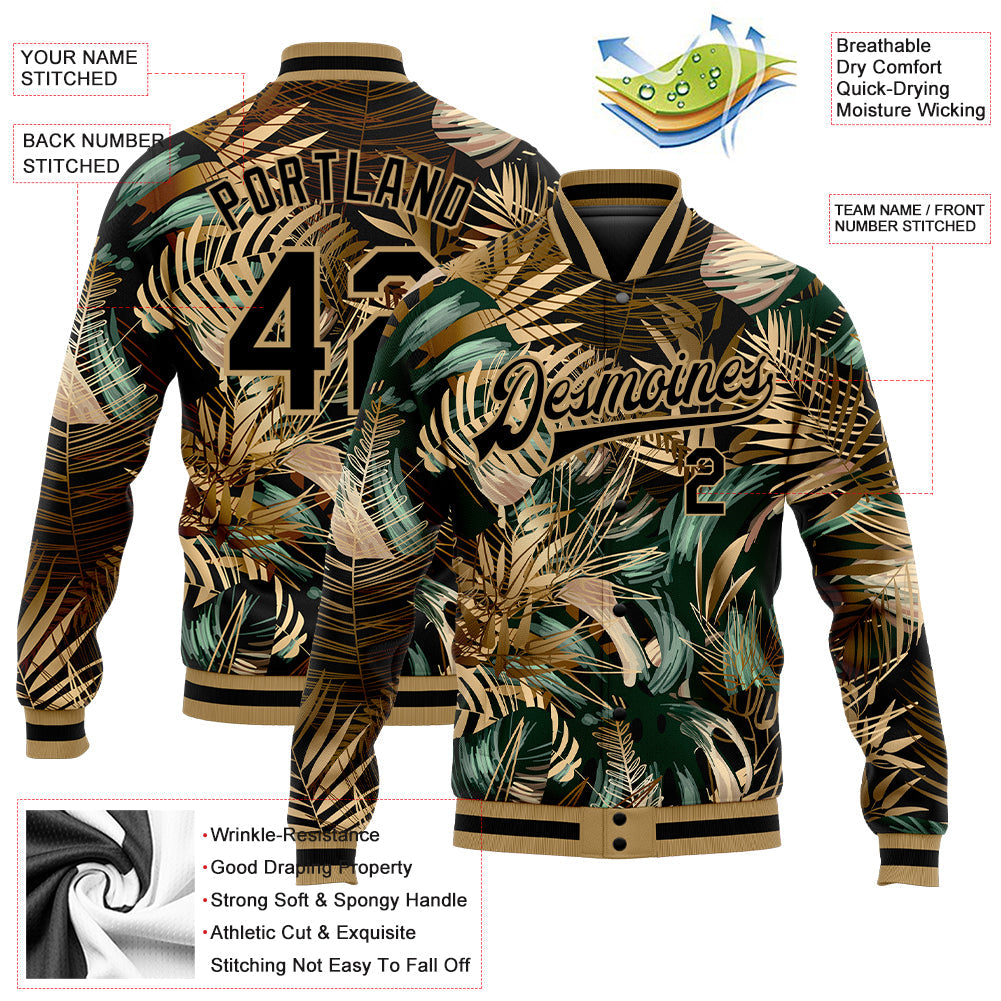Custom Black Black-Old Gold Hawaii Palm Trees 3D Bomber Full-Snap Varsity Letterman Jacket view 5