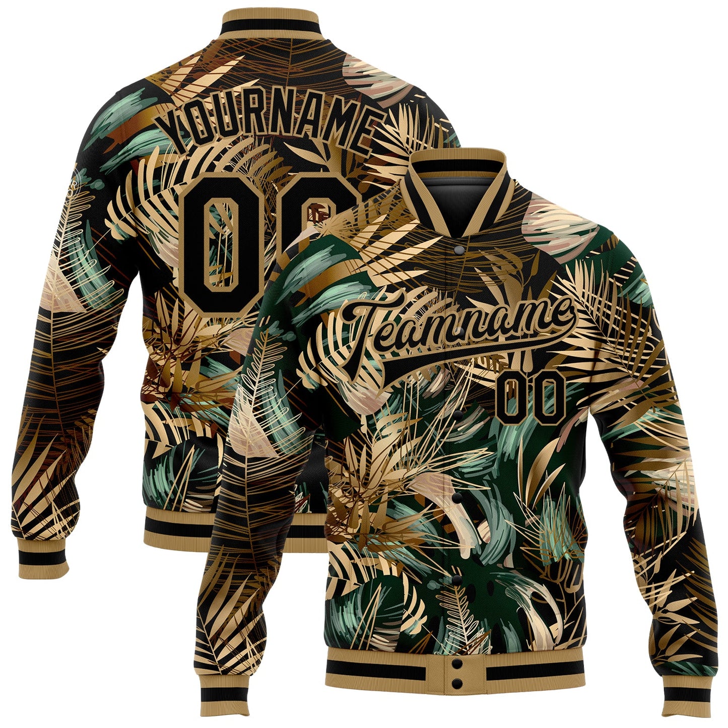 Custom Black Black-Old Gold Hawaii Palm Trees 3D Bomber Full-Snap Varsity Letterman Jacket - Main View