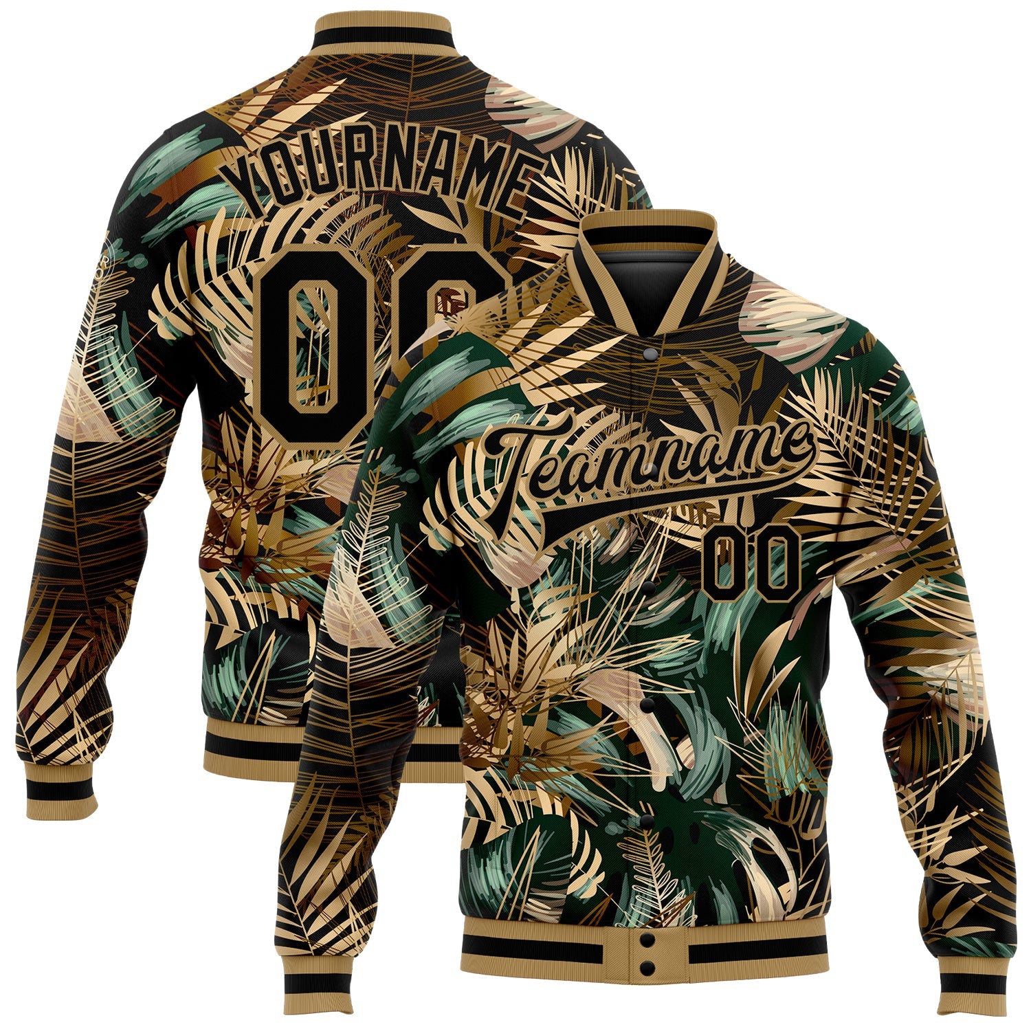 Custom Black Black-Old Gold Hawaii Palm Trees 3D Bomber Full-Snap Varsity Letterman Jacket - Main View