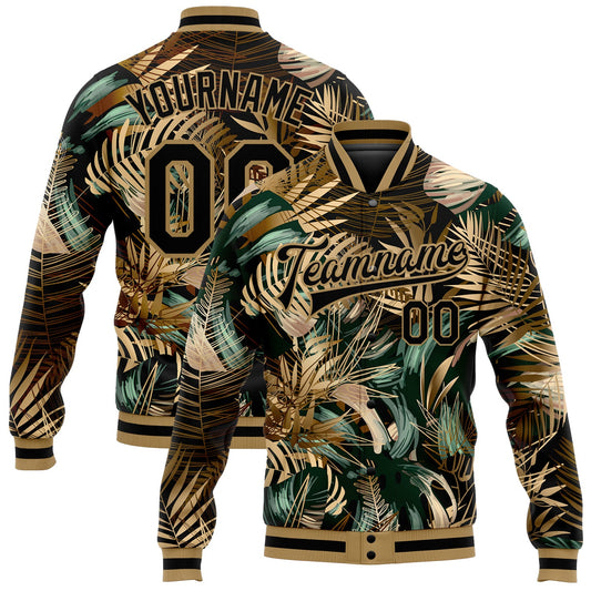 Custom Black Black-Old Gold Hawaii Palm Trees 3D Bomber Full-Snap Varsity Letterman Jacket - Main View