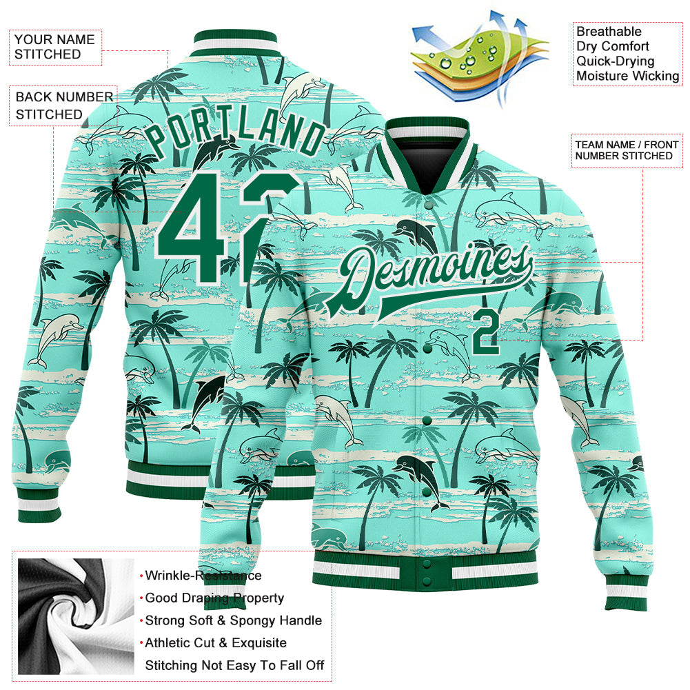 Custom Aqua Kelly Green-White Hawaii Palm Trees 3D Bomber Full-Snap Varsity Letterman Jacket view 5