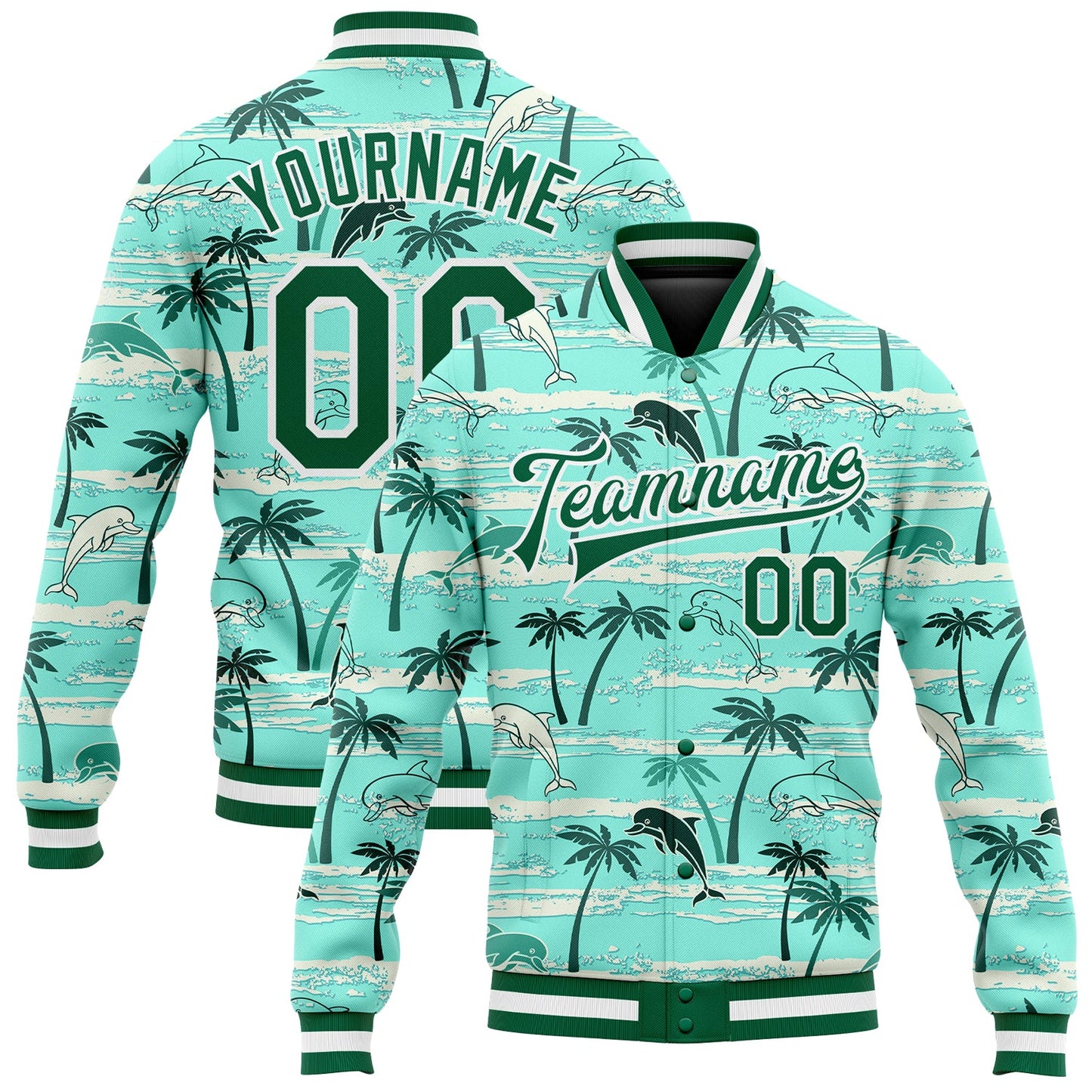 Custom Aqua Kelly Green-White Hawaii Palm Trees 3D Bomber Full-Snap Varsity Letterman Jacket - Main View