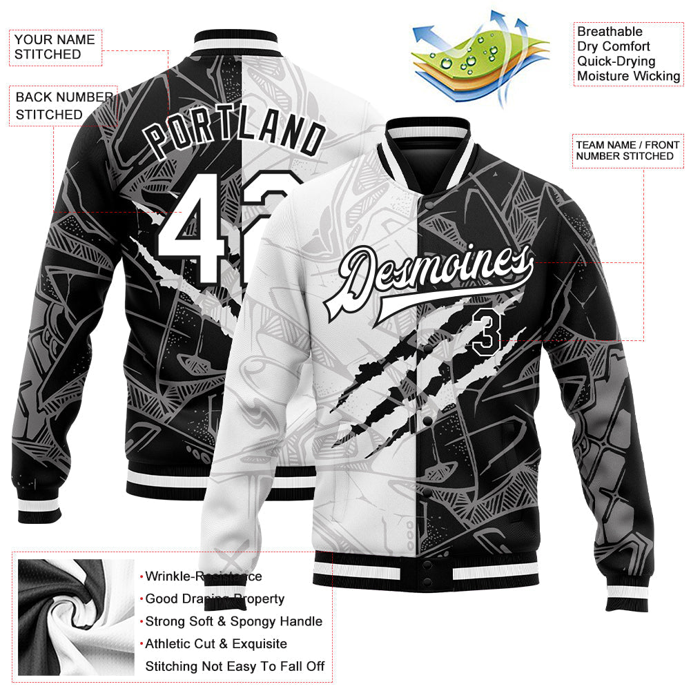 Custom Graffiti Pattern White-Black Scratch 3D Bomber Full-Snap Varsity Letterman Jacket view 5