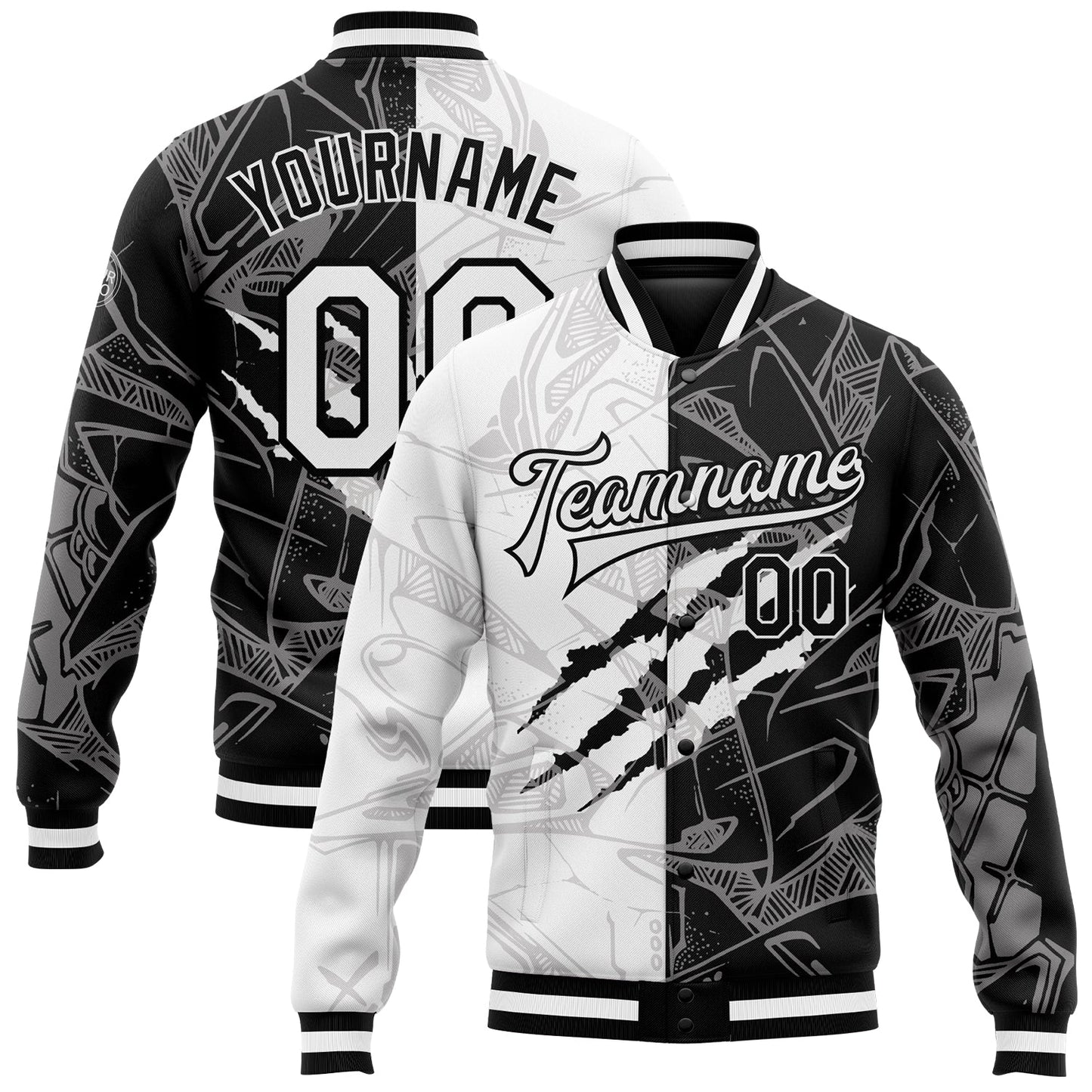 Custom Graffiti Pattern White-Black Scratch 3D Bomber Full-Snap Varsity Letterman Jacket - Main View