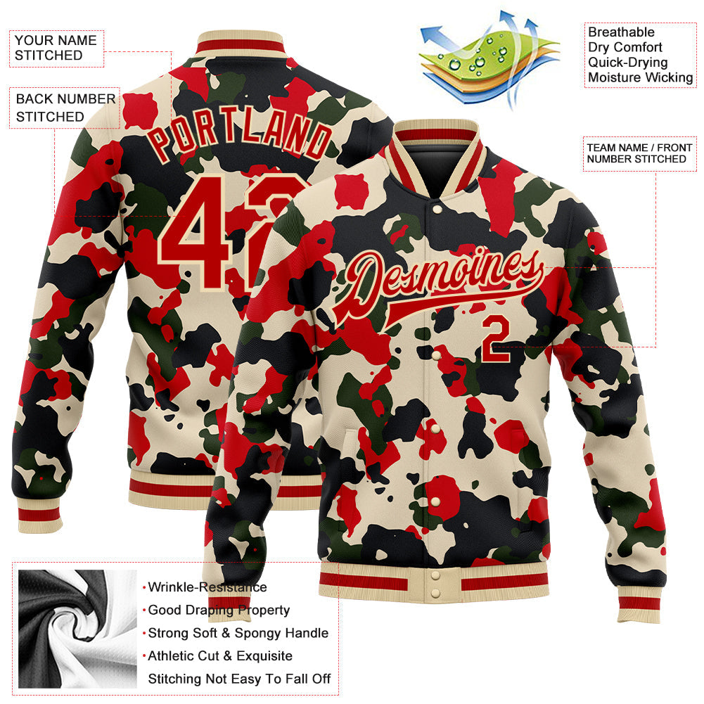 Custom Camo Red-Cream 3D Bomber Full-Snap Varsity Letterman Salute To Service Jacket view 5