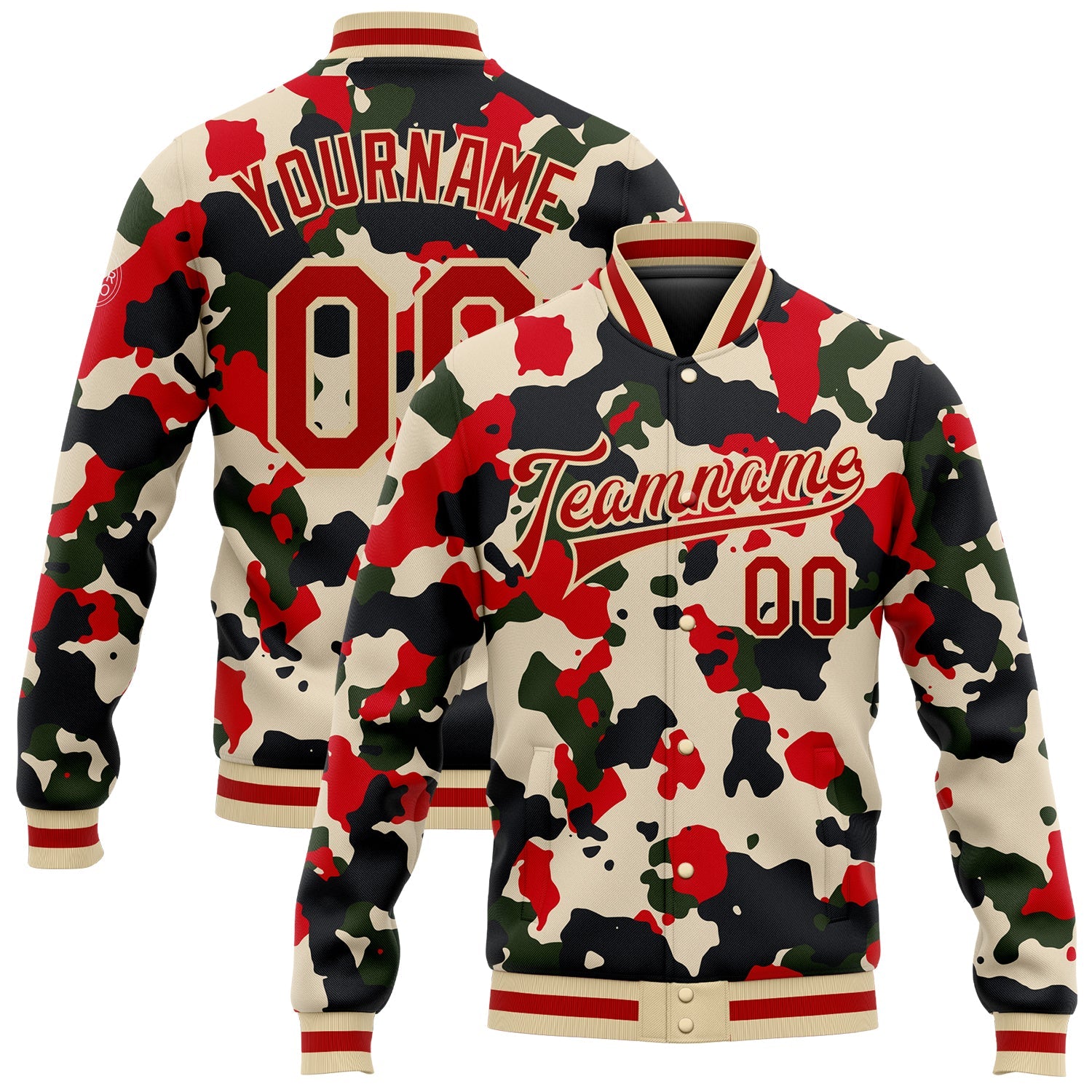 Custom Camo Red-Cream 3D Bomber Full-Snap Varsity Letterman Salute To Service Jacket - Main View