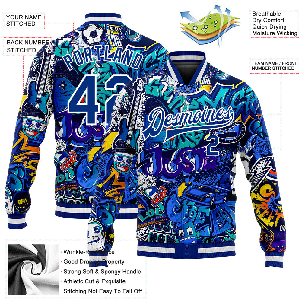 Custom Graffiti Pattern Royal-White Abstract Urban Street Art 3D Bomber Full-Snap Varsity Letterman Jacket view 5