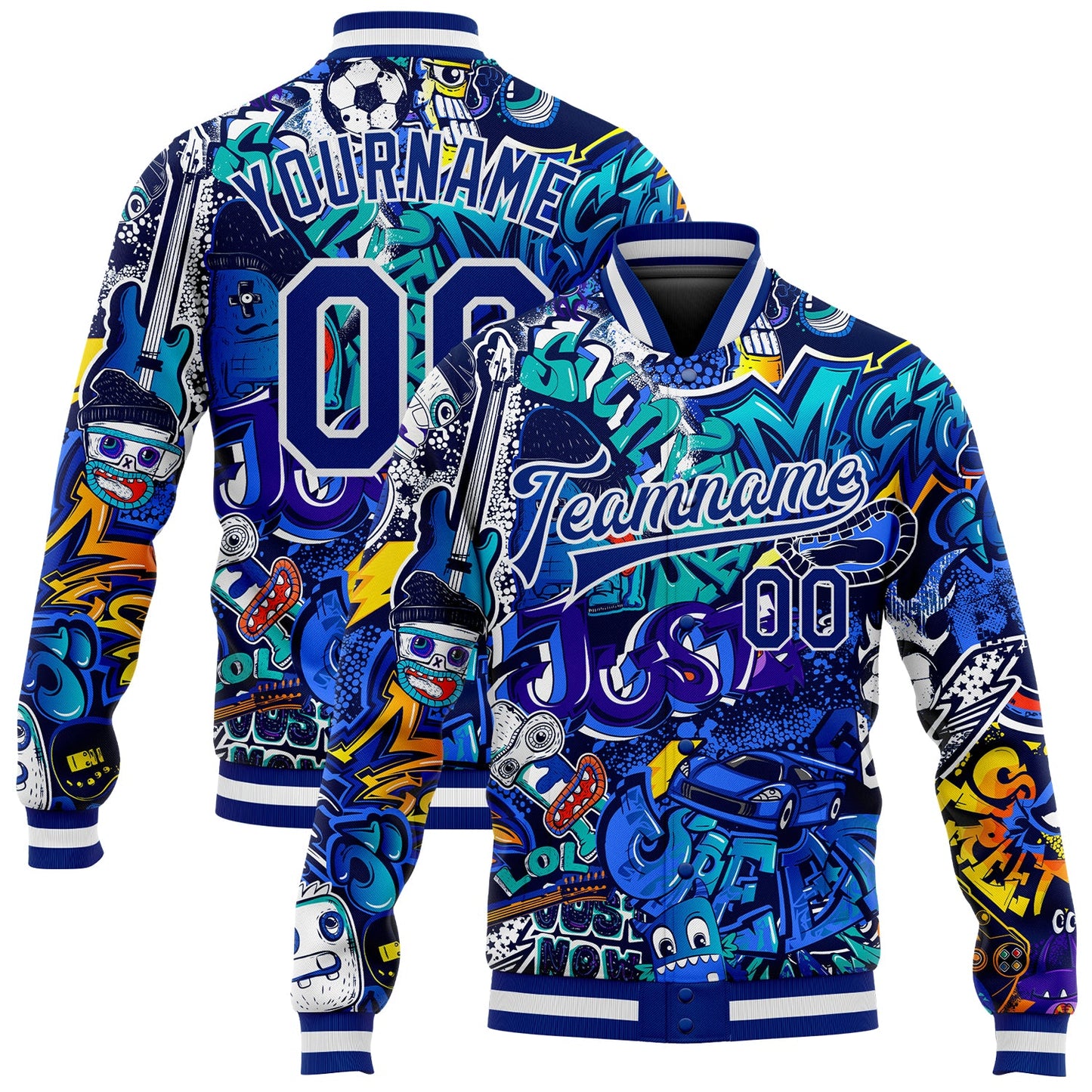 Custom Graffiti Pattern Royal-White Abstract Urban Street Art 3D Bomber Full-Snap Varsity Letterman Jacket - Main View