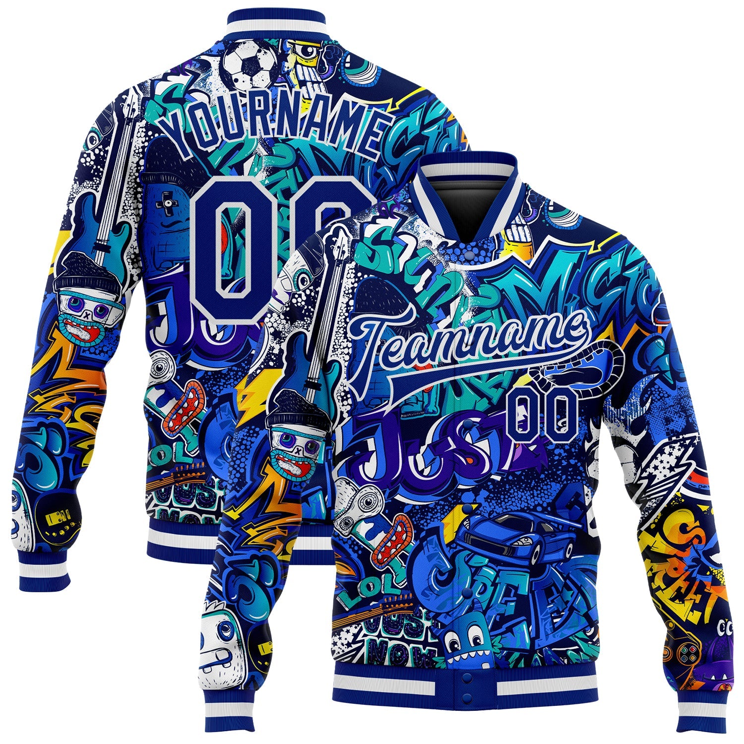Custom Graffiti Pattern Royal-White Abstract Urban Street Art 3D Bomber Full-Snap Varsity Letterman Jacket - Main View