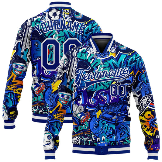 Custom Graffiti Pattern Royal-White Abstract Urban Street Art 3D Bomber Full-Snap Varsity Letterman Jacket - Main View
