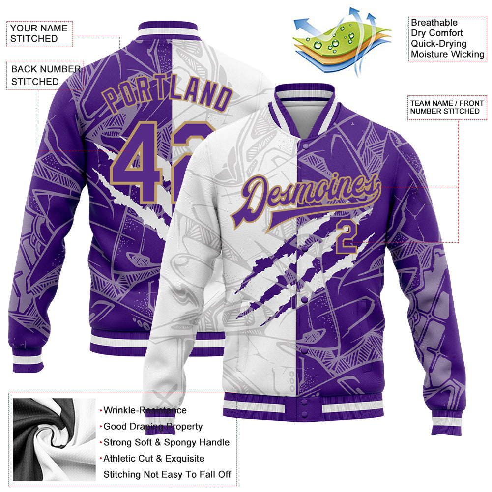 Custom Graffiti Pattern Purple-Old Gold Scratch 3D Bomber Full-Snap Varsity Letterman Jacket view 5