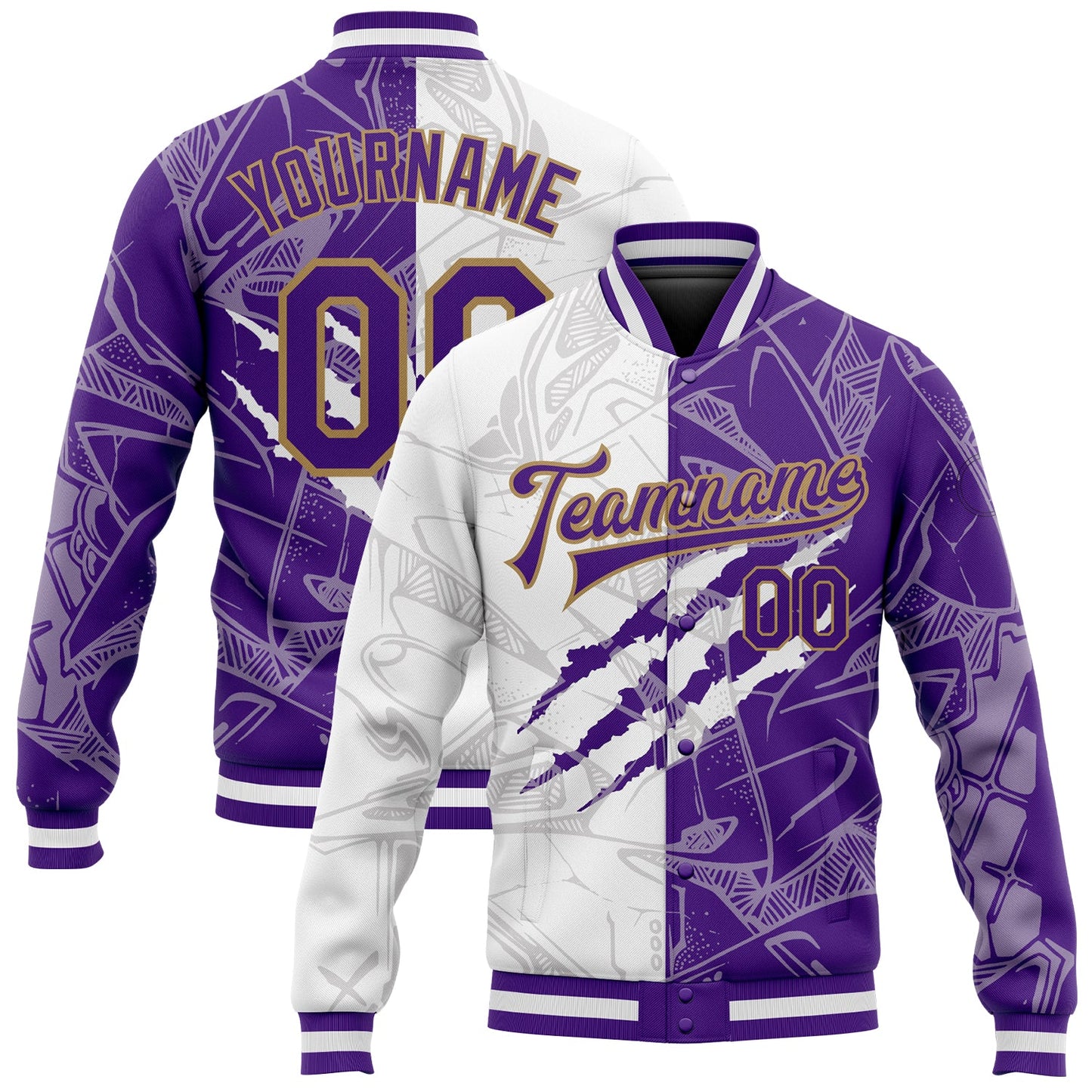 Custom Graffiti Pattern Purple-Old Gold Scratch 3D Bomber Full-Snap Varsity Letterman Jacket - Main View