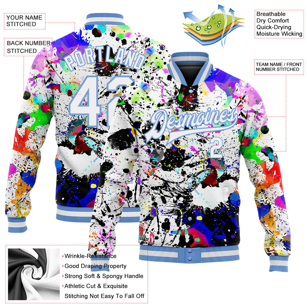 Custom Graffiti Pattern White-Light Blue Splashes 3D Bomber Full-Snap Varsity Letterman Jacket view 5