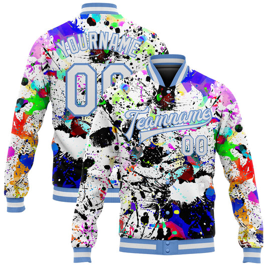 Custom Graffiti Pattern White-Light Blue Splashes 3D Bomber Full-Snap Varsity Letterman Jacket - Main View