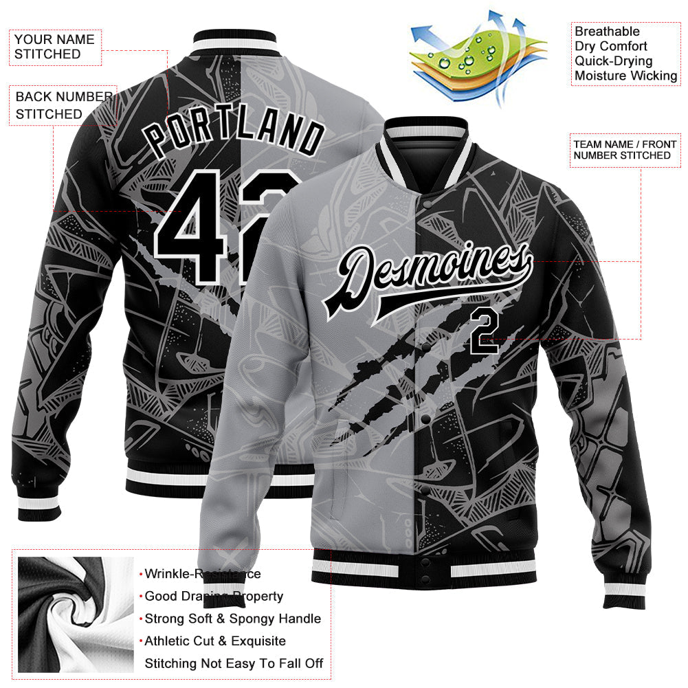 Custom Graffiti Pattern Black-Gray Scratch 3D Bomber Full-Snap Varsity Letterman Jacket view 5