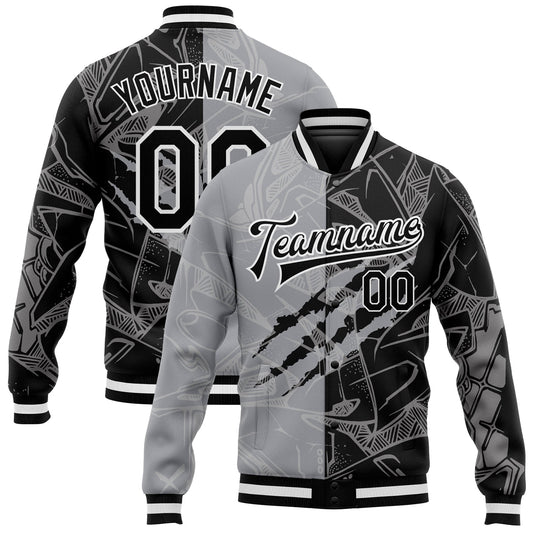 Custom Graffiti Pattern Black-Gray Scratch 3D Bomber Full-Snap Varsity Letterman Jacket - Main View