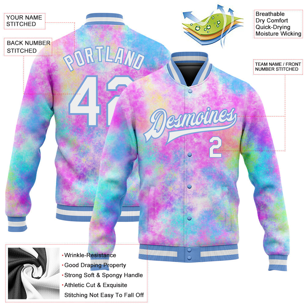 Custom Tie Dye White-Light Blue Rainbow 3D Bomber Full-Snap Varsity Letterman Jacket view 5